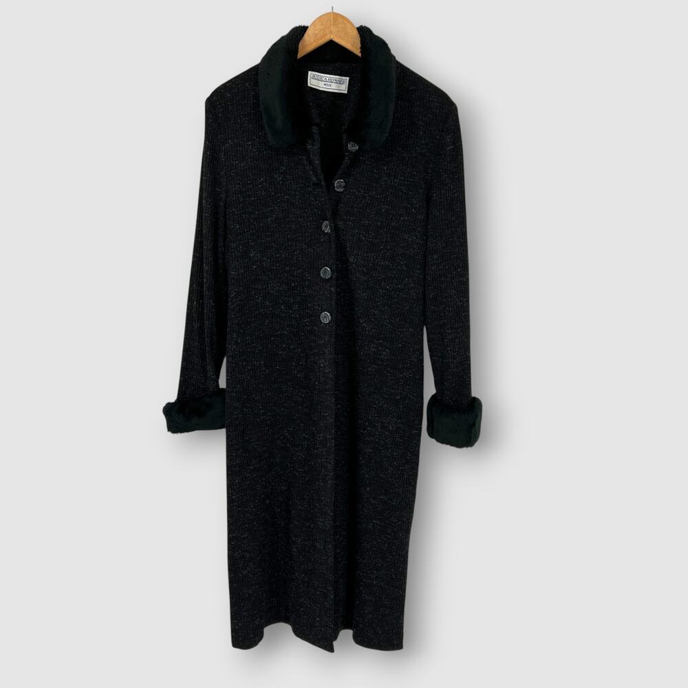 Vintage Jessica Howard Petite Black Long Cardigan Coat Faux Fur Button Front Med
